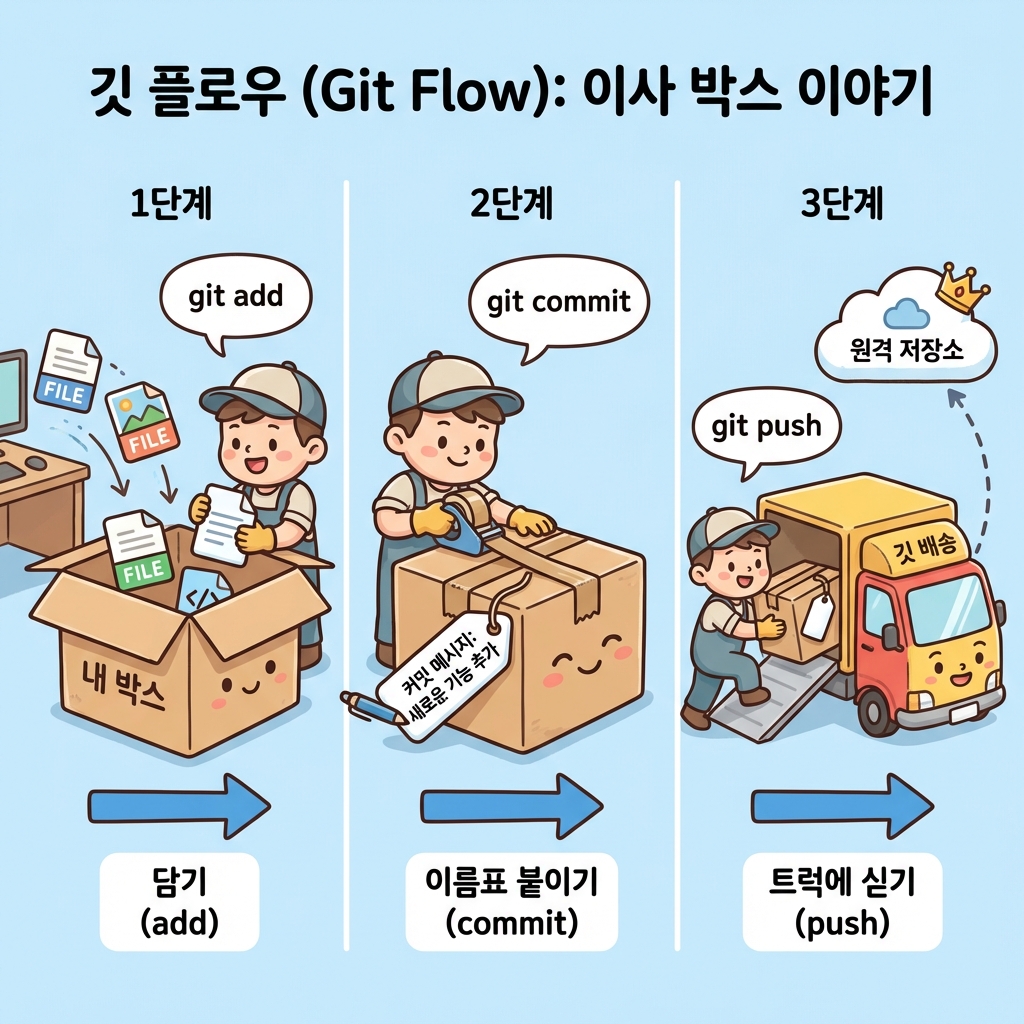 Git 흐름: 담기(Add) -> 이름표(Commit) -> 트럭(Push)