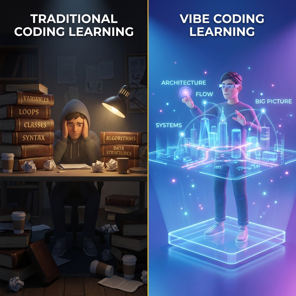 전통적 코딩 학습 vs 바이브 코딩 학습: 문법 암기 vs 큰 그림 이해